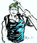  1boy artist_name earrings goggles green_hair jewelry male male_focus one_piece open_mouth roronoa_zoro ryu-911 sheathed_sword sketch skypiea solo sword tank_top weapon 