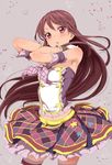  aikatsu! aikatsu!_(series) arm_strap armpits bare_shoulders brown_hair brown_legwear buttons checkered checkered_skirt clearite contrapposto frilled_skirt frills gloves grey_background head_tilt idol long_hair looking_at_viewer midriff navel open_mouth purple_eyes red_skirt shibuki_ran sidelocks simple_background skirt standing thighhighs triangle_mouth zettai_ryouiki 