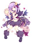 bell hairband highres horns long_hair looking_at_viewer millcutto navel original parted_lips purple_eyes purple_hair purple_hairband sheep sheep_horns sheep_tail shorts solo tail wings wrist_cuffs 