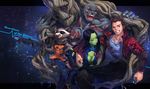  4boys bald black_hair blue_eyes breasts brown_hair cleavage copyright_name drax_the_destroyer gamora green_skin groot guardians_of_the_galaxy gun headphones highres large_breasts letterboxed marvel mhk_(mechamania) multiple_boys one_eye_closed open_mouth peter_quill raccoon rocket_raccoon weapon 