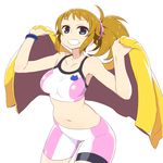  bike_shorts blue_eyes blush breasts brown_hair chan_co cowboy_shot gundam gundam_build_fighters gundam_build_fighters_try hoshino_fumina large_breasts looking_at_viewer midriff navel open_mouth ponytail scrunchie short_hair simple_background smile solo sports_bra white_background 