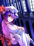  bow fang from_side hat hat_bow highres lavender_hair looking_to_the_side red_eyes remilia_scarlet rerrere sash short_hair sitting solo touhou 