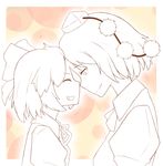  bow bowtie cirno closed_eyes collared_shirt face-to-face forehead-to-forehead grin hair_bow hat height_difference lineart multiple_girls neck_ribbon outline partially_colored pom_pom_(clothes) ribbon shameimaru_aya shirousagi_uyu shirt short_hair smile tokin_hat touhou 