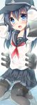  akatsuki_(kantai_collection) arms_up blue_eyes blue_hair blush hat kantai_collection kuriyuzu_kuryuu long_hair machinery neckerchief open_mouth pantyhose partially_submerged red_neckwear school_uniform serafuku skirt solo wet wet_clothes 