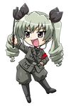  anchovy anzio_military_uniform belt black_footwear black_shirt blush_stickers boots brown_eyes chibi dress_shirt drill_hair full_body girls_und_panzer green_hair grey_jacket grey_pants hair_ribbon hand_on_hip holding jacket knee_boots long_hair long_sleeves makino_yasuhiro military military_uniform necktie open_mouth pants ribbon riding_crop shirt shoulder_belt smile solo standing twin_drills twintails uniform white_background 