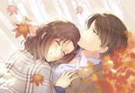  1girl autumn autumn_leaves blue_eyes closed_eyes couple glasses ha-ru10 hange_zoe hetero leaf levi_(shingeki_no_kyojin) long_hair maple_leaf shingeki_no_kyojin short_hair smile 