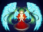  aqua_eyes aqua_hair blue_wings cowboy_shot cupping_hands eighth_note hands_together hatsune_miku ice ice_wings long_hair musical_note pantyhose santa_costume shirousagi_uyu smile solo twintails vocaloid wings 
