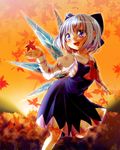  :d ahoge ascot autumn autumn_leaves blue_eyes blue_hair blush bow cirno collared_shirt dress hair_bow ice ice_wings juliet_sleeves leaf long_sleeves maple_leaf namino. open_mouth puffy_sleeves shirt short_hair smile solo tareme touhou wings 