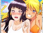  2girls black_hair blonde_hair blue_eyes blush breasts cleavage clenched_teeth erect_nipples eye_contact female genderswap hyuuga_hinata large_breasts lavender_eyes long_hair looking_at_another looking_back multiple_girls naruko naruto one-piece_swimsuit one_eye_closed orange_bikini purple_hair swimsuit teeth twintails uzumaki_naruto wavy_mouth whiskers white_swimsuit yunicoco_(coco-demmy) 