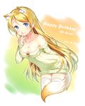  2014 alternate_hairstyle animal_ears ayase_eli bare_shoulders blonde_hair blue_eyes breasts character_name cleavage dated dress fox_ears fox_tail hair_down happy_birthday highres kemonomimi_mode long_hair love_live! love_live!_school_idol_project medium_breasts off-shoulder_sweater ribbed_sweater shitou_(1992116210) smile solo sweater sweater_dress tail thighhighs very_long_hair 