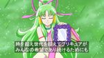  bow closed_eyes cure_empress detached_sleeves dokidoki!_precure fake_screenshot green_background green_hair hair_bow hair_bun hair_tubes jewelry long_hair magical_girl mirror moritakusan necklace precure sidelocks smile solo translation_request 