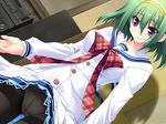  1girl artist_request dutch_angle game_cg green_hair indoors pantyhose sakura_bitmap school_uniform short_hair skirt skirt_lift solo suzuhira_hiro yukimura_midori 