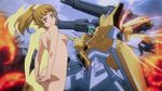  1girl action ass blonde_hair breasts cloud edit edited explosion from_behind gun gundam gundam_build_fighters gundam_build_fighters_try hands_behind hoshino_fumina interlocked_fingers looking_at_viewer looking_back mecha medium_breasts nude nude_filter outdoors photoshop smile solo standing tree weapon 