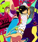  black_hair blue_eyes bob_cut bola_(weapon) brown_hair bruno_buccellati colorful fingerless_gloves gloves headband jojo_no_kimyou_na_bouken joseph_joestar_(young) li_sakura midriff multiple_boys scarf zipper 