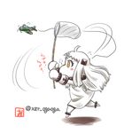  ahoge aircraft airplane butterfly_net chasing dress hand_net holding horns kantai_collection mittens northern_ocean_hime oga_koichi running shinkaisei-kan solo translated white_dress white_hair white_skin yellow_eyes 