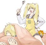  1boy 1girl apron bed blonde_hair blue_eyes father_and_daughter genderswap hand_on_hip long_hair lowres namikaze_minato naruko naruto open_mouth pet pillow pleated_skirt school_uniform serafuku simple_background sitting_on_person skirt sleeping terragin twintails uzumaki_naruto white_background 