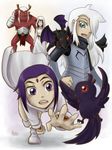  2girls antlers armor bird cape cartoon_network cloak daughter dc_comics dragon family father father_and_daughter forehead_jewel hood leotard long_sleeves malchior mother mother_and_daughter multiple_girls purple_eyes purple_hair raven raven_(dc) red_skin shoulder_perch smile teen_titans trigon vambraces white_hair white_shoes yellow_eyes 