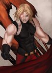  black_gloves blonde_hair blue_eyes dog_hate_burger facial_hair fishnets gloves glowing glowing_eye heterochromia male_focus muscle mustache red_eyes rugal_bernstein sleeveless solo the_king_of_fighters 