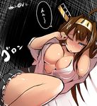  ahoge bare_shoulders bed blush breasts brown_hair detached_sleeves hairband headgear japanese_clothes kantai_collection kongou_(kantai_collection) large_breasts long_hair looking_at_viewer nac000 one_eye_closed open_mouth pillow solo waking_up 