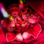  ascot blonde_hair checkered checkered_floor flandre_scarlet hat kazetto long_hair open_mouth red_eyes side_ponytail smile solo stuffed_animal stuffed_toy stuffing teddy_bear touhou wings 