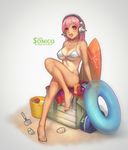  2010 artist_name bikini breasts character_name cleavage dated headphones heart heart-shaped_pupils large_breasts long_hair looking_at_viewer navel nitroplus open_mouth pink_eyes pink_hair red_eyes shouai smile solo super_sonico swimsuit symbol-shaped_pupils tan tanline white_bikini 