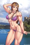  abs absurdres artist_name bikini bikini_pull blue_eyes breasts brown_hair covered_nipples earrings forehead_jewel hair_ribbon hand_in_hair highres jewelry large_breasts long_hair md5_mismatch muscle muscular_female pointy_ears princess_zelda pulled_by_self purple_bikini ribbon solo speh standing swimsuit the_legend_of_zelda the_legend_of_zelda:_twilight_princess thick_thighs thighs tiara underboob 