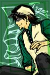  cabbie_hat domino_mask facial_hair goatee green_shirt hat jewelry kaburagi_t_kotetsu male male_focus mask necktie ring shirt solo tiger_&amp;_bunny waistcoat 