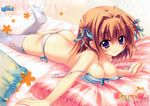  absurdres ahoge ass bed blue_bra bra breast_press breasts brown_hair cleavage hair_intakes hair_ribbon highres ichinose_mio_(koi_ga_saku_koro_sakura_doki) izumi_tsubasu koi_ga_saku_koro_sakura_doki large_breasts lavender_legwear leg_up lying no_shoes on_stomach panties pillow purple_eyes ribbon scan short_hair smile strap_slip thighhighs underwear underwear_only unfastened white_legwear white_panties 