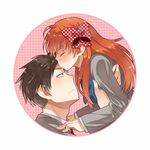  1girl black_hair bow carrying closed_eyes forehead_kiss gekkan_shoujo_nozaki-kun hair_bow hetero highres kiss long_hair luo. nozaki_umetarou orange_hair polka_dot polka_dot_bow rouman_academy_uniform sakura_chiyo school_uniform 