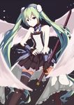  7th_dragon_(series) 7th_dragon_2020 foxbird green_eyes green_hair hatsune_miku highres katana light_smile long_hair looking_at_viewer skirt solo sword thighhighs twintails very_long_hair vocaloid weapon wings 
