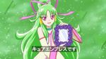  bow cure_empress detached_sleeves dokidoki!_precure fake_screenshot green_background green_hair hair_bow hair_bun hair_tubes jewelry long_hair magical_girl mirror moritakusan necklace pink_eyes precure sidelocks smile solo 