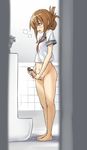  after_masturbation bar_censor bare_legs barefoot bathroom blush bottomless breath brown_eyes brown_hair censored cum cumdrip ejaculation folded_ponytail futanari heavy_breathing inazuma_(kantai_collection) kantai_collection kuro_oolong masturbation open_mouth penis school_uniform serafuku short_hair solo standing sweat toilet urinal voyeurism 