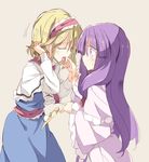  alice_margatroid blonde_hair blush capelet closed_eyes food hair_tucking hairband licking licking_hand long_hair multiple_girls open_mouth patchouli_knowledge pizza profile purple_eyes purple_hair satou_kibi short_hair simple_background surprised tongue tongue_out touhou wide-eyed yuri 