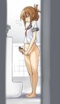  bar_censor bare_legs barefoot bathroom blush bottomless breath brown_eyes brown_hair censored commentary folded_ponytail futanari heavy_breathing inazuma_(kantai_collection) kantai_collection kuro_oolong masturbation open_mouth penis school_uniform serafuku short_hair solo standing sweat toilet urinal voyeurism 