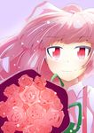  bangs blunt_bangs bouquet floating_hair flower fujiwara_no_mokou hair_ribbon highres kurukuruchocolate long_hair looking_at_viewer pink_eyes pink_hair red_eyes red_flower red_rose ribbon rose solo touhou 