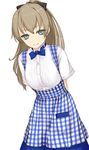  alternate_costume apron arms_behind_back bow brown_hair green_eyes hair_bow kantai_collection koubeya_uniform kumano_(kantai_collection) long_hair looking_at_viewer plaid plaid_apron revision rokuwata_tomoe simple_background smile solo standing 