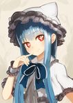  1girl bangs blue_hair blue_ribbon collar duplicate frilled_hat frilled_sleeves frills hat long_hair looking_at_viewer nosuku red_eyes ribbon short_sleeves sidelocks simple_background smile symbol-shaped_pupils wristband 