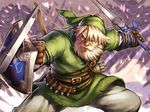  arrow battle beard belt blocking blonde_hair blue_eyes bow_(weapon) facial_hair hat holding holding_sword holding_weapon knife left-handed link male_focus manly master_sword old pointy_ears quiver revision scar shield solo_focus sparks sword the_legend_of_zelda throwing_knife weapon yapo_(croquis_side) 