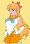  aino_minako back_bow bishoujo_senshi_sailor_moon blonde_hair blue_eyes bow choker earrings elbow_gloves gloves hair_bow half_updo hand_on_hip jewelry long_hair looking_at_viewer magical_girl one_eye_closed orange_choker orange_sailor_collar orange_skirt red_bow sailor_collar sailor_senshi_uniform sailor_venus simple_background skirt solo standing tongue tongue_out tsubobot white_gloves yellow_background 