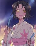  assf_krsya baccano! bad_id bad_pixiv_id black_hair blush chane_laforet food highres japanese_clothes kimono looking_at_viewer popsicle short_hair smile yellow_eyes yukata 