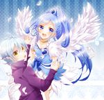  1girl angel_wings blue_background blue_bow blue_eyes blue_hair bow choker couple cure_diamond dokidoki!_precure feathers hetero hishikawa_rikka holding_hands ira_(dokidoki!_precure) long_hair magical_girl polka_dot polka_dot_background precure ribbon shirt skirt smile surprised white_wings wings yellow_eyes yutsuchi 