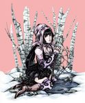  animal_print bad_id bad_pixiv_id bare_tree black_hair boots cane guyai hood jojo_no_kimyou_na_bouken leopard_print long_hair puddle snow solo steel_ball_run sugar_mountain thighhighs tree 