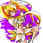  biho_(tsuinku) blonde_hair boots bow choker crop_top cure_sunshine heartcatch_precure! knee_boots long_hair lowres magical_girl midriff miniskirt myoudouin_itsuki navel precure purple_background skirt smile solo twintails wrist_cuffs yellow_bow yellow_eyes 