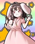  animal_ears black_hair bunny bunny_ears carrot carrot_necklace dress grin inaba_tewi jewelry necklace pendant pink_dress puffy_short_sleeves puffy_sleeves red_eyes roco_(katsuya1011) short_sleeves smile solo star touhou 