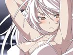  animal_ears armpits arms_up bakemonogatari black_hanekawa bra breasts cat_ears cleavage frown hanekawa_tsubasa kuro_oolong large_breasts long_hair monogatari_(series) sketch solo underwear white_hair yellow_eyes 