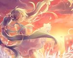  cloud dress floating_hair flower glow_(vocaloid) green_eyes green_hair hair_flower hair_ornament hatsune_miku highres kuroi_(liar-player) long_hair sky solo sunset twintails very_long_hair vocaloid 