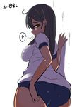  adjusting_buruma adjusting_clothes ahoge ass black_hair blush breasts buruma from_behind gym_uniform highres kantai_collection large_breasts long_hair looking_at_viewer looking_back nac000 open_mouth solo ushio_(kantai_collection) 