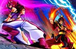  avatar:_the_last_airbender avatar_(series) azula bare_shoulders battle breasts brown_hair chinese_clothes drill_hair energy fighting_stance fire hair_bun han_juri lightning makeup multiple_girls nipples seonidas street_fighter street_fighter_iv_(series) torn_clothes 