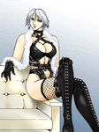  alternate_costume black_gloves blue_eyes bondage_outfit boots breasts christie_(doa) cleavage collar cross-laced_footwear crossed_legs dead_or_alive dominatrix earrings feather_boa fishnet_legwear fishnets gloves highres hoop_earrings jewelry lace-up_boots large_breasts masa_(mk2244) navel short_hair sitting solo thigh_boots thighhighs white_hair 