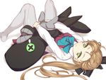  akigumo_(kantai_collection) bow breasts brown_hair character_doll green_eyes grey_legwear hair_bow i-class_destroyer kantai_collection long_hair lying on_back pantyhose ponytail rokuwata_tomoe simple_background small_breasts solo stuffed_toy white_background 